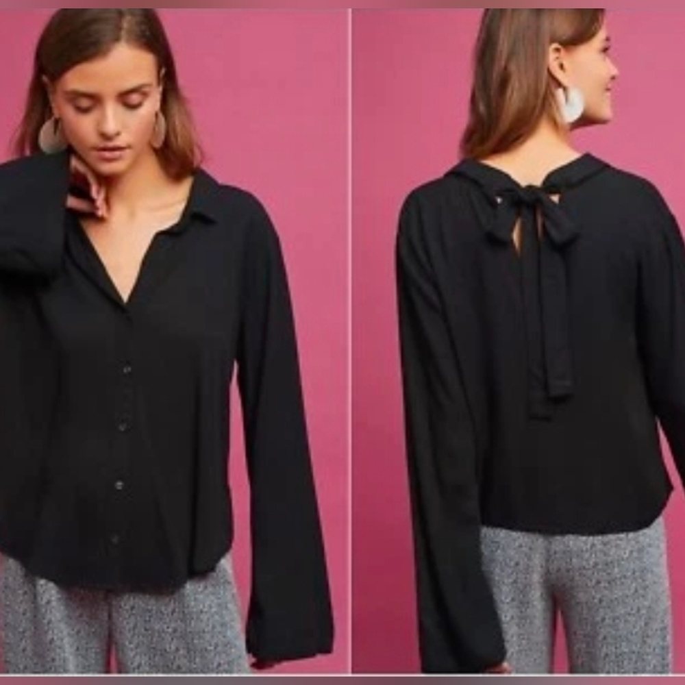 Cloth & Stone by Anthropologie Black Button-Down Blouse | Flared Bell Sleeves |
